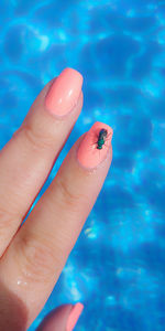 Close-up of hand holding leaf in swimming pool