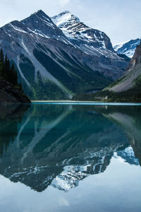 Scenic view of lake and snowcapped mountains against sky