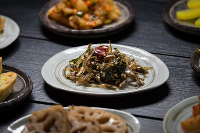 High angle view of food in plate on table