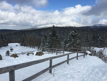 Snow covered landscape against sky