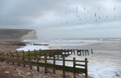 Scenic view of birds flying over sea at seven sisters against cloudy sky