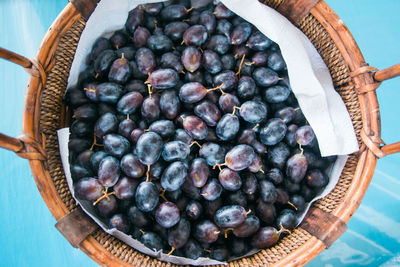 High angle view of fruits in basket on table