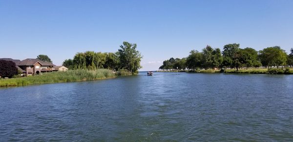 Scenic view of lake by trees against clear blue sky