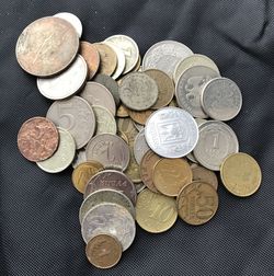 High angle view of coins on table