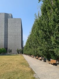 Trees and plants growing on field against building