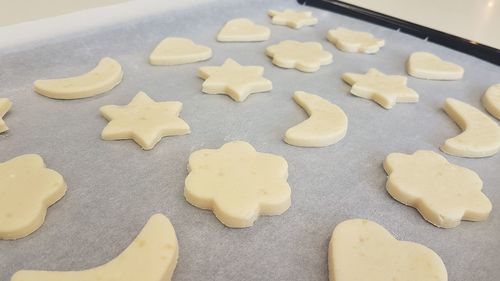 High angle view of cookies on baking sheet