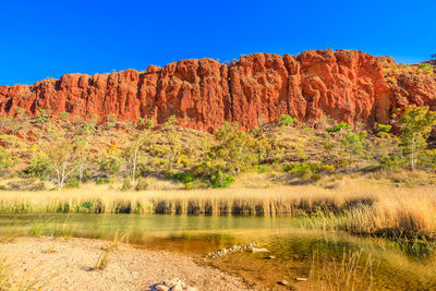 Scenic view of rock formation against clear blue sky