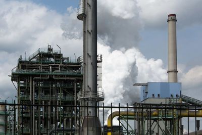 Low angle view of factory against cloudy sky