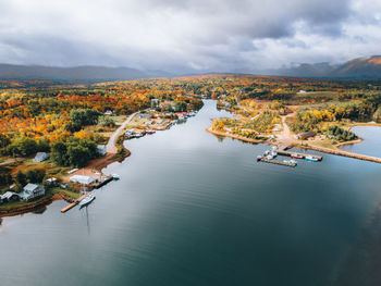 Aerial view during autumn of dingwall, cape breton island, nova scotia, canada