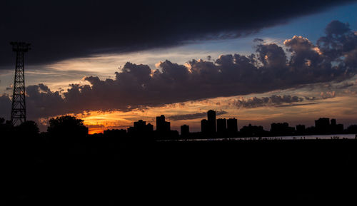 Silhouette of cityscape at sunset