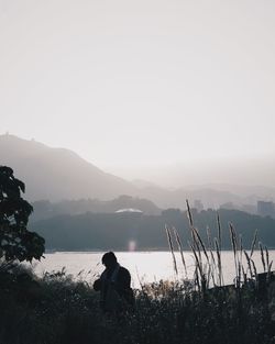 Woman standing amidst grass at lakeshore against clear sky