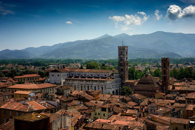 High angle view of buildings in city