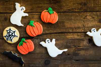 High angle view of pumpkins on table