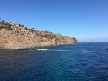 Scenic view of sea against clear blue sky