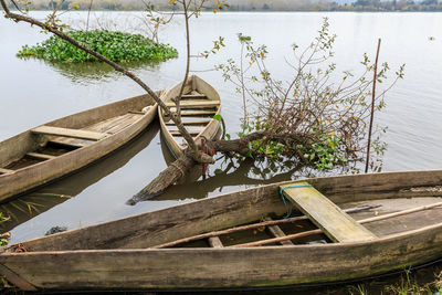 High angle view of abandoned boat moored in lake