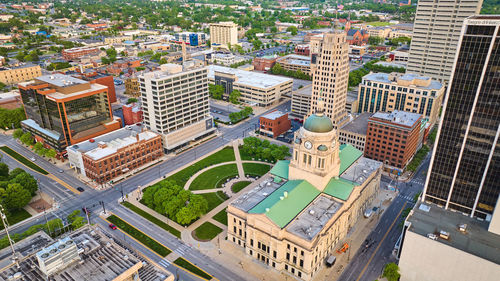 High angle view of buildings in city