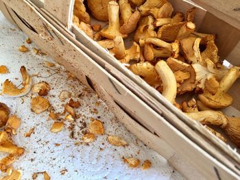 High angle view of chopped bread in container