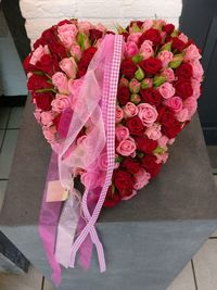 High angle view of pink rose bouquet