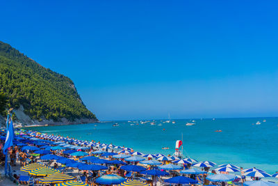 Scenic view of sea against clear blue sky