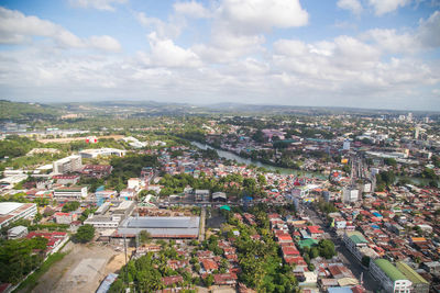 High angle shot of townscape against sky