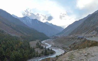 Panoramic view of lake amidst mountains against sky