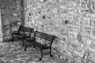 Empty bench against wall