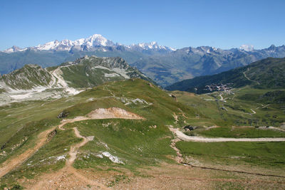 Scenic view of snowcapped mountains against clear sky