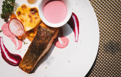 High angle view of breakfast served on table