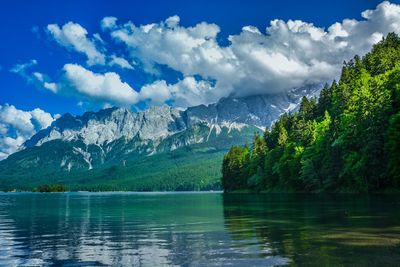 Scenic view of lake by mountains against sky