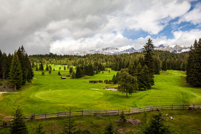 Scenic view of golf course against sky