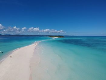 Scenic view of beach against blue sky