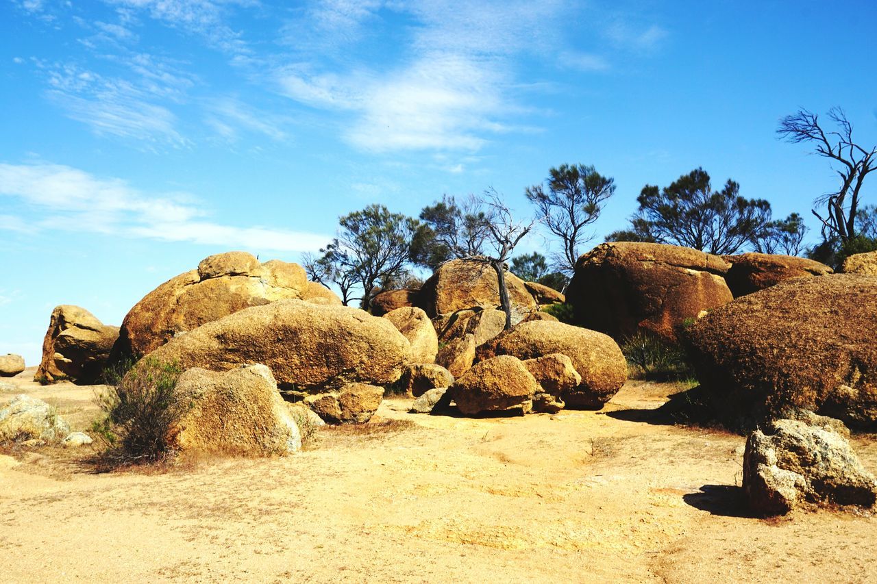 tree, sky, tranquility, nature, landscape, tranquil scene, rock - object, blue, sunlight, rock formation, desert, scenics, arid climate, beauty in nature, day, cloud - sky, cloud, stone, non-urban scene, low angle view