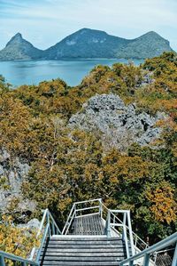 High angle view of steps by forest and sea against sky