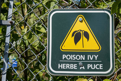 Bilingual poison ivy warning sign on a fence