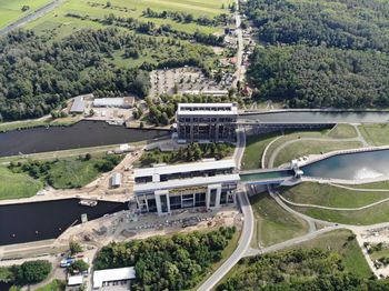 High angle view of bridge over road in city