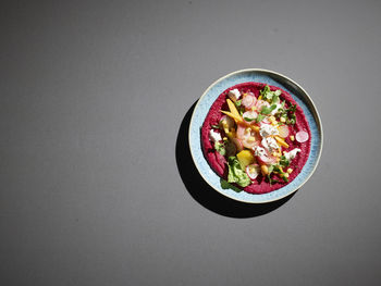 High angle view of breakfast served on table