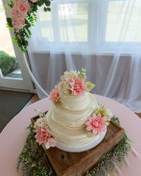 Full frame view of a wedding cake and decorations before the ceremony and reception