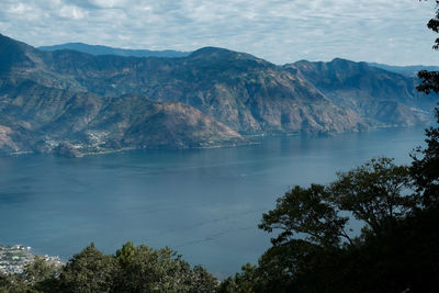 Scenic view of lake against cloudy sky