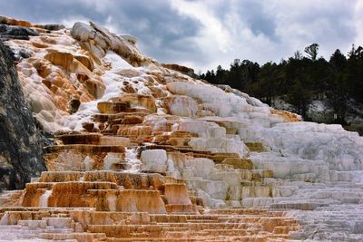Low angle view of rocky mountains against sky