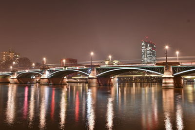 Illuminated bridge over river in city at night