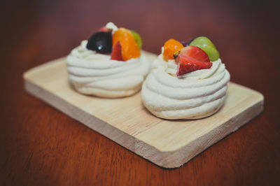 Close-up of dessert served on table