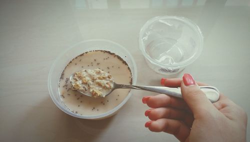 High angle view of woman having breakfast