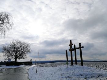 Scenic view of snow covered land against sky