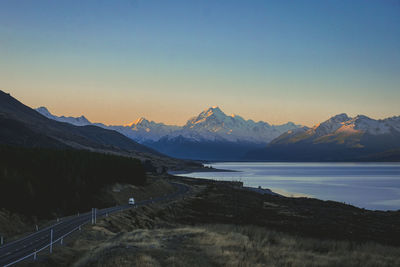 Scenic view of snowcapped mountains against clear sky