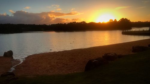 Scenic view of lake against sky during sunset