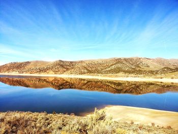 Scenic view of lake and mountains against blue sky