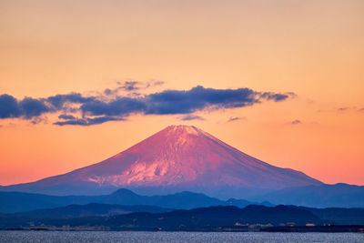 Scenic view of snowcapped mountains against sky during sunrise