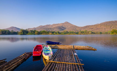 Scenic view of lake against clear blue sky