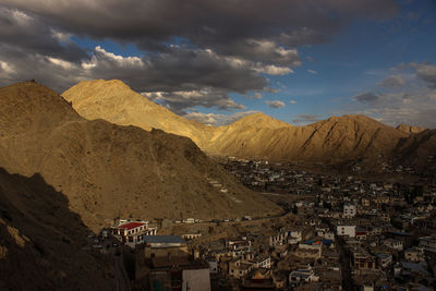 High angle view of townscape against sky during sunset