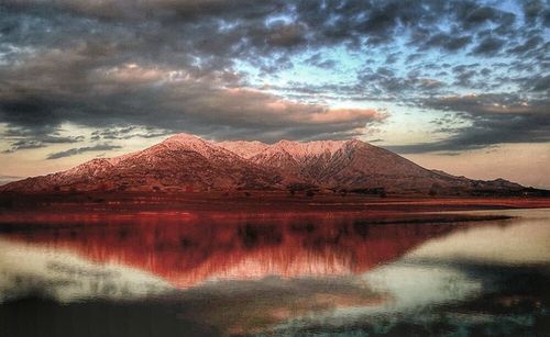 Scenic view of lake against cloudy sky